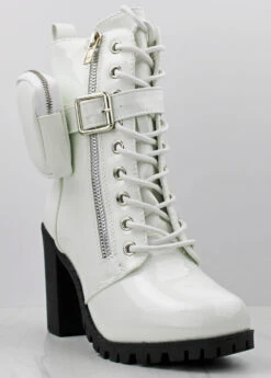 Forever Access 39 Women's Heeled Lace Upw/ Pouch Combat Boots -Bamboo Store Access 39WhitePat 1