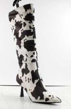 BETSY Cow Print MidHeeled Knee High Boots