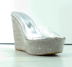 Bamboo Chosen 34 Womens Clear Strap Rhinestone Wedge Mules
