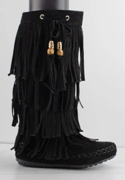 Fringy 15Y Little Girl Closed Toe Knee High Moccasin Flat Boots -Bamboo Store Fringy15YBlack2