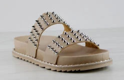 Forever Goth 33 Womens Double Band Spike Embellished Slip On Sandals -Bamboo Store Goth33Beige 1