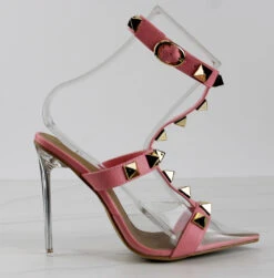 Grounded Womens Strappy Spike Embellished Lucite Pointed Toe Heels -Bamboo Store GroundedPink 2