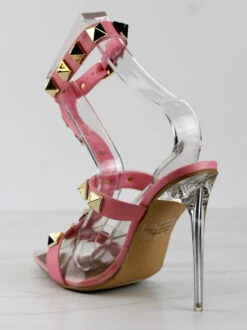 Grounded Womens Strappy Spike Embellished Lucite Pointed Toe Heels -Bamboo Store GroundedPink 3
