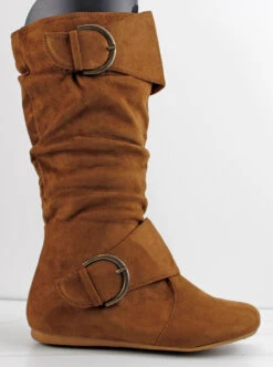 Forever Klein 70 Women's Double Buckle Accent Slouched Mid Calf Boots -Bamboo Store Klein70Tan2