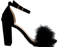 Konner 30Women's Fur Chunky High Heel StrappySandals -Bamboo Store Konnor30Black 3