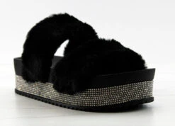 Kristen 11 Womens Double Faux Fur Band Platform Slides With Rhinestone Embellishment -Bamboo Store Kristen11Black 1
