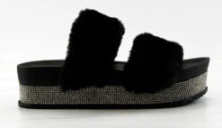 Kristen 11 Womens Double Faux Fur Band Platform Slides With Rhinestone Embellishment -Bamboo Store Kristen11Black 2