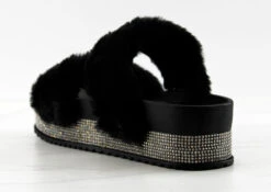 Kristen 11 Womens Double Faux Fur Band Platform Slides With Rhinestone Embellishment -Bamboo Store Kristen11Black 3