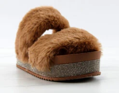 Kristen 11 Womens Double Faux Fur Band Platform Slides With Rhinestone Embellishment