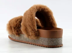 Kristen 11 Womens Double Faux Fur Band Platform Slides With Rhinestone Embellishment -Bamboo Store Kristen11Camel 3