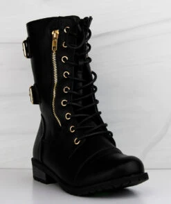 Forever Mango 71 Womens Double Buckle/Zipper Embellished Lace Up Combat Boots