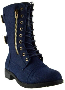 Forever Mango 71 Womens Double Buckle/Zipper Embellished Lace Up Combat Boots -Bamboo Store Mango71DrBlueDenim 1