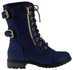 Forever Mango 71 Womens Double Buckle/Zipper Embellished Lace Up Combat Boots -Bamboo Store Mango71DrBlueDenim 2