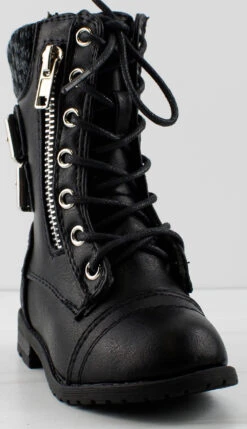 Forever Mango 72KA Little Girl's Double Buckle Embellished Sweater Cuff Lace Up Combat Boots