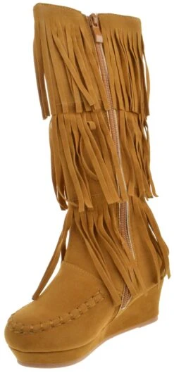 Snowball 53 Girls Knee High 3 Tier Fringe Wedged Moccasin Boots -Bamboo Store Snowball53 3