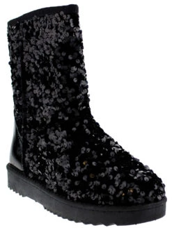 Forever Annie 42 Women's Sequined Mid Calf Shearling Slip OnBoots -Bamboo Store annie42blk 1