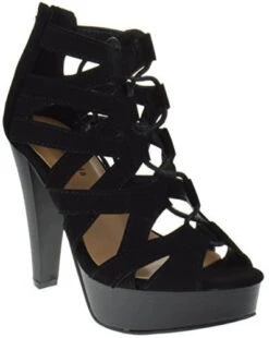 Table 8 Womens Peep Toe High Heel Caged Lace Up Strappy Sandals9 -Bamboo Store black3