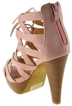 Table 8 Womens Peep Toe High Heel Caged Lace Up Strappy Sandals9 -Bamboo Store blush2