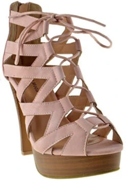 Table 8 Womens Peep Toe High Heel Caged Lace Up Strappy Sandals9 -Bamboo Store blush4