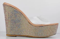 Bamboo Chosen 34 Womens Clear Strap Rhinestone Wedge Mules -Bamboo Store chosen34nude