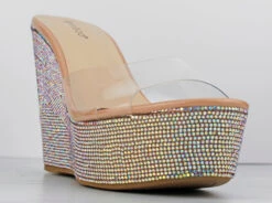 Bamboo Chosen 34 Womens Clear Strap Rhinestone Wedge Mules -Bamboo Store chosen34nude2