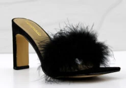 Honeymoon Womens Faux Feahter Square Toe Heeled Sandals