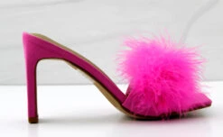 Honeymoon Womens Faux Feahter Square Toe Heeled Sandals -Bamboo Store honeymoonfuschia 2