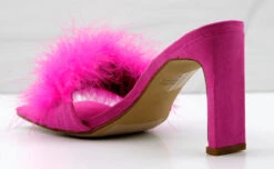 Honeymoon Womens Faux Feahter Square Toe Heeled Sandals -Bamboo Store honeymoonfuschia 3