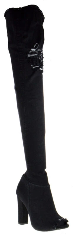 Bamboo Limelight 60s Womens Distressed Ripped Denim Thigh High Heeled Boots