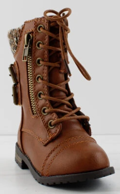 Forever Mango 72KA Little Girl's Double Buckle Embellished Sweater Cuff Lace Up Combat Boots -Bamboo Store mango72katan1