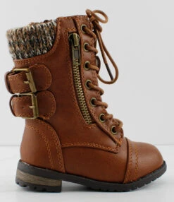 Forever Mango 72KA Little Girl's Double Buckle Embellished Sweater Cuff Lace Up Combat Boots -Bamboo Store mango72katan2