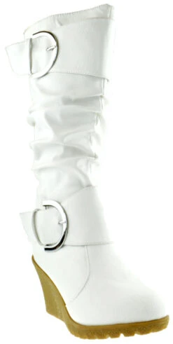 Pure 65 Women's Buckled Mid Calf Slouch Wedge Boots -Bamboo Store pure65White 1