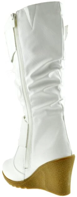 Pure 65 Women's Buckled Mid Calf Slouch Wedge Boots -Bamboo Store pure65White 3