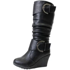 Pure 65 Women's Buckled Mid Calf Slouch Wedge Boots
