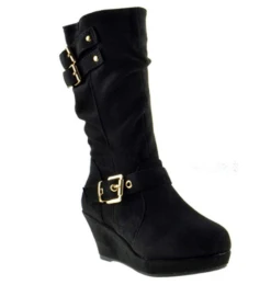 Maden 4K Girls Triple Buckle Accent Slouchy Wedge Boot