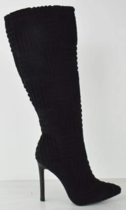 Shaya 24 Women's Ricochet Terry Toweling Knee High Pointed Toe Heeled Boots -Bamboo Store shaya24black 1