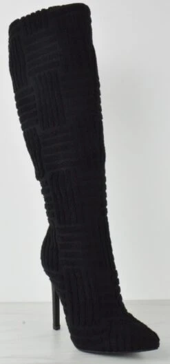 Shaya 24 Women's Ricochet Terry Toweling Knee High Pointed Toe Heeled Boots -Bamboo Store shaya24black 2