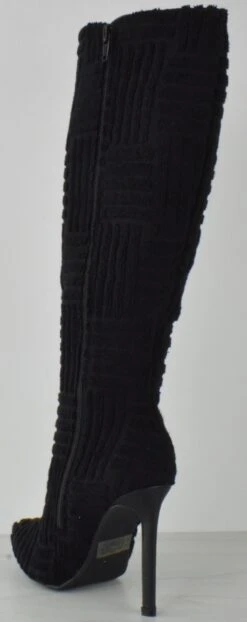 Shaya 24 Women's Ricochet Terry Toweling Knee High Pointed Toe Heeled Boots -Bamboo Store shaya24black 3