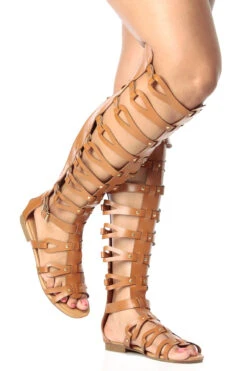 Forever Atta 17 Womens Knee High Buckle Embellish Caged Gladiator Sandals -Bamboo Store shoes sandals fli atta 17 tan tan 1