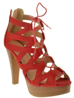 Table 8 Womens Peep Toe High Heel Caged Lace Up Strappy Sandals9 -Bamboo Store table8 red 1