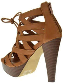 Table 8 Womens Peep Toe High Heel Caged Lace Up Strappy Sandals9 -Bamboo Store table8tan2
